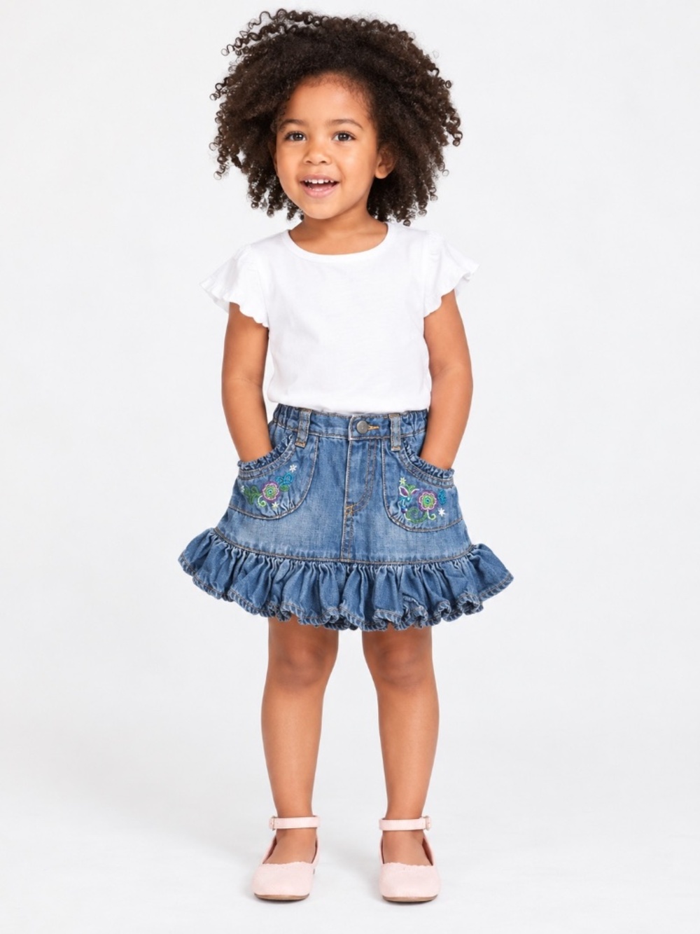 The Children’s Place denim, ruffled, embroidered skirt.